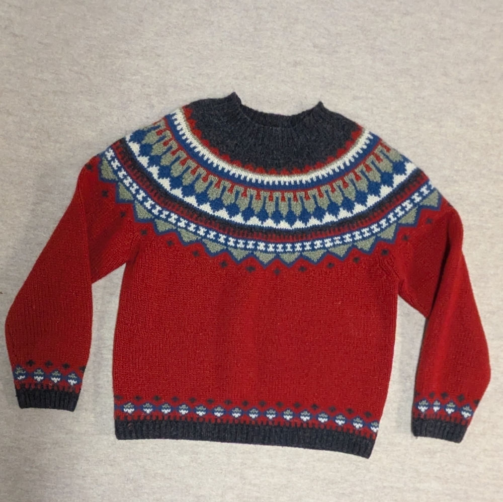 Eddie Bauer Wool Fair Isle Pull Over Sweater Red, Gray, Multicolor Vintage Small